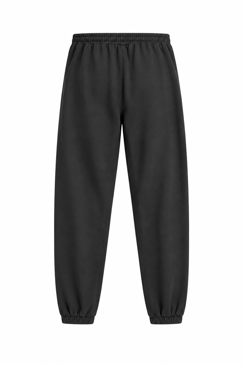 Back view render of the black sweatpants with inner-thigh seams and no pockets