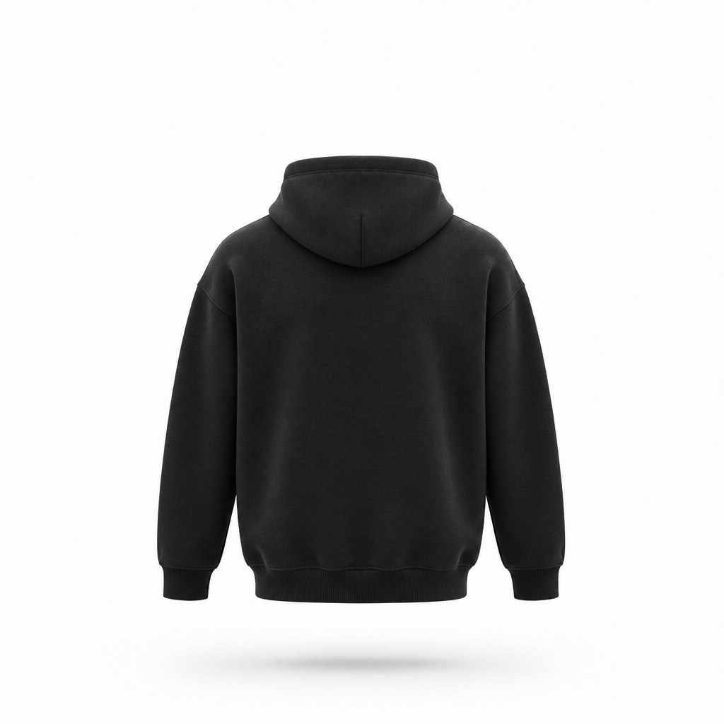 Black hoodie back v2, smooth sleeves and outlined hood seam