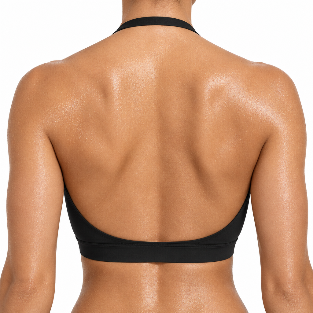 Halter bra back, post-workout sheen