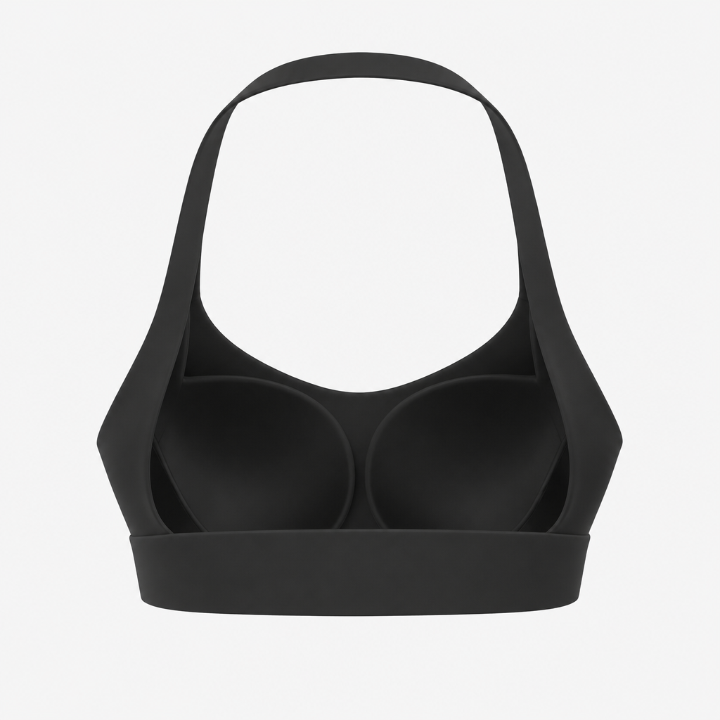 Hollow 3D ghost back render of the black halter backless sports bra