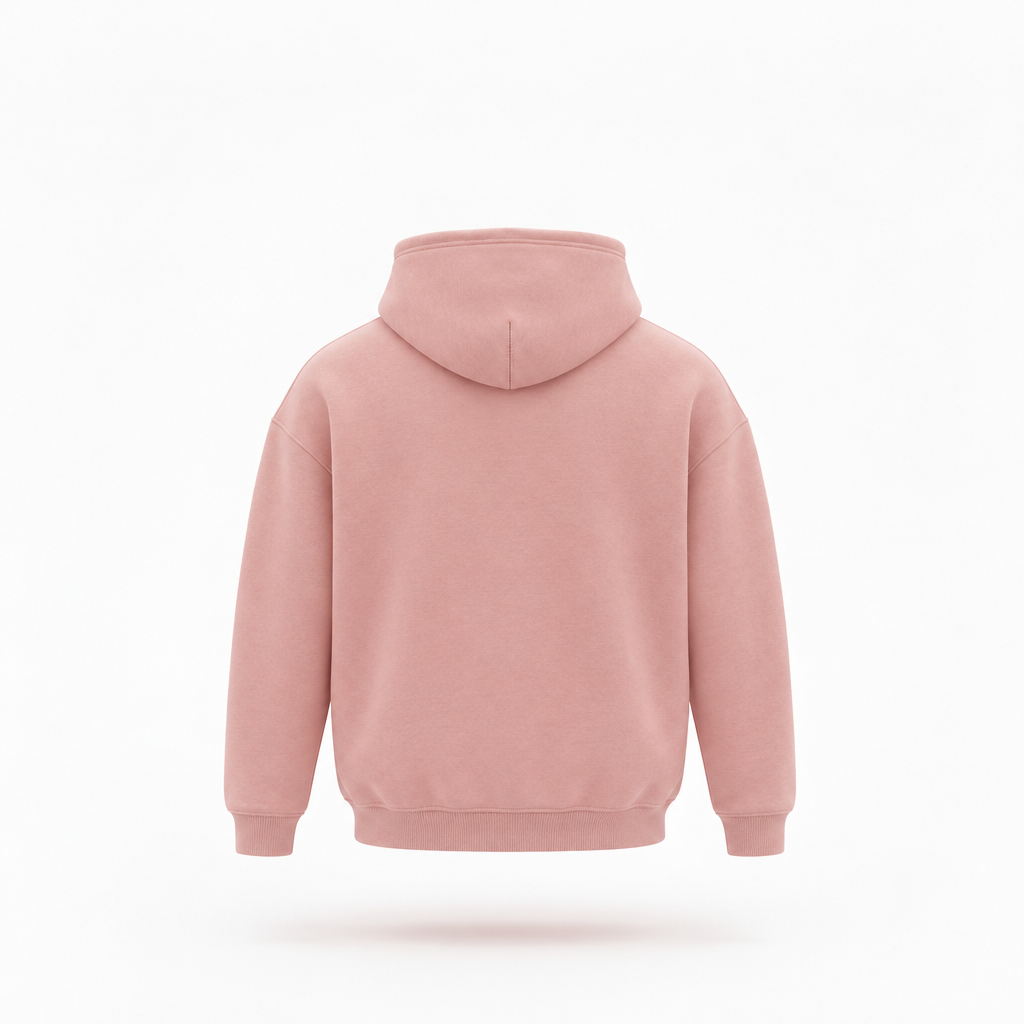Pink hoodie back, smooth sleeves and outlined hood seam